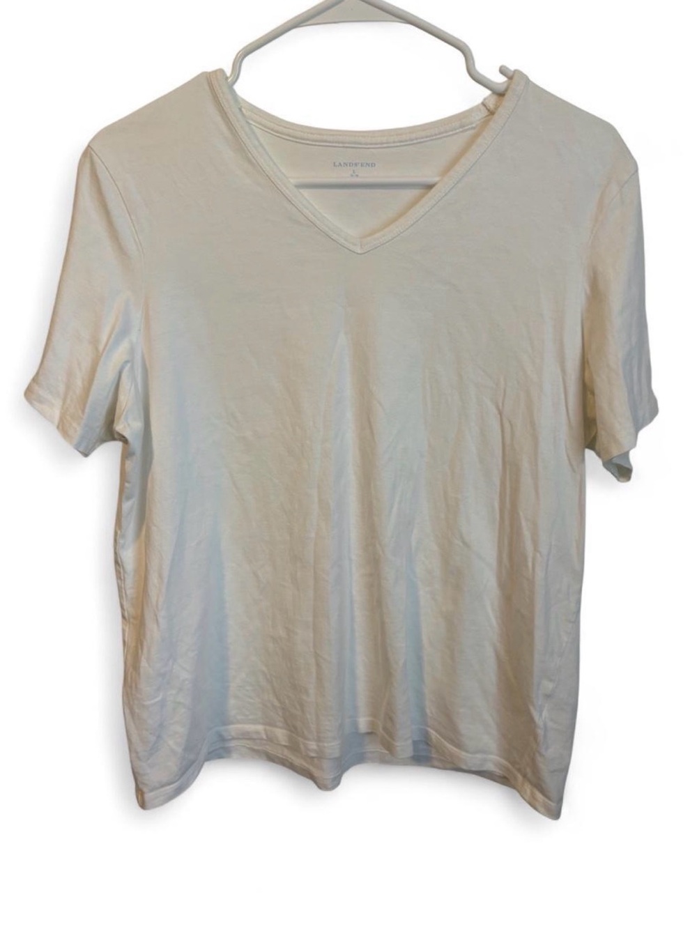 Lands' End White Short Sleeve V-Neck Cotton T-Shirt Tee Size Large